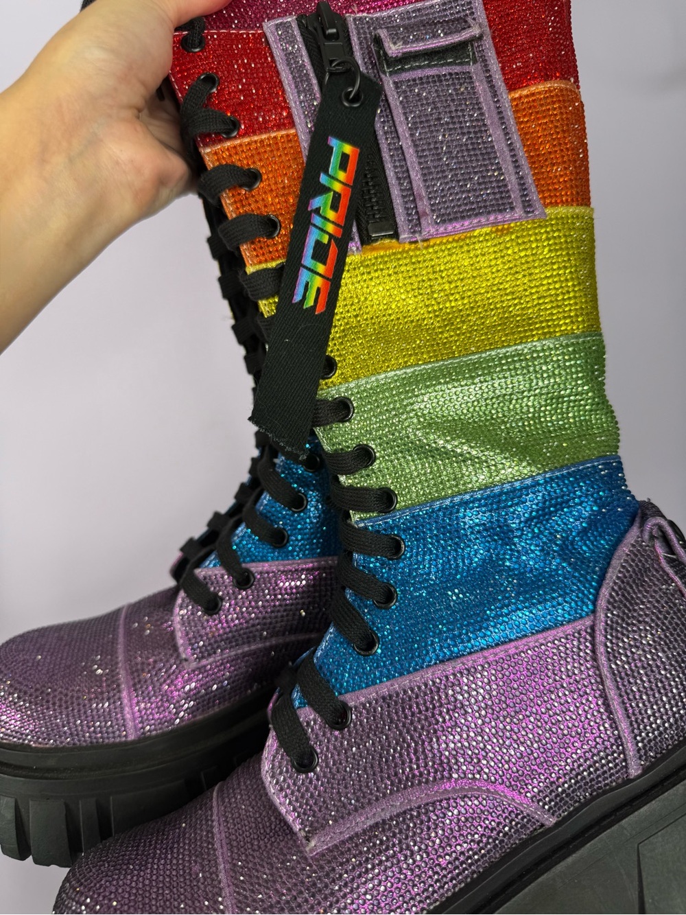 Club Exx Rainbow Rhinestone Platform Combat Boots, sz 9 - Picture 2 of 5